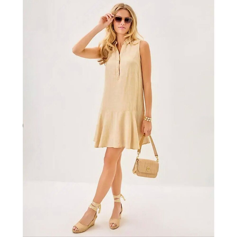 Lilly Pulitzer Ellowyn Lagoon Linen 2025 Drop Waist Dress in Wicker Tan Size L